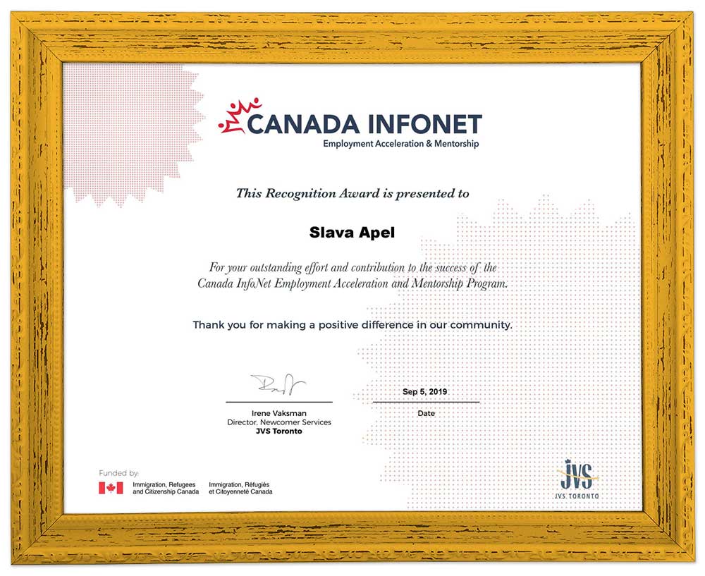 Recognition Award, Slava Apel, for Canada InfoNet Employment Acceleration and Mentorship Program