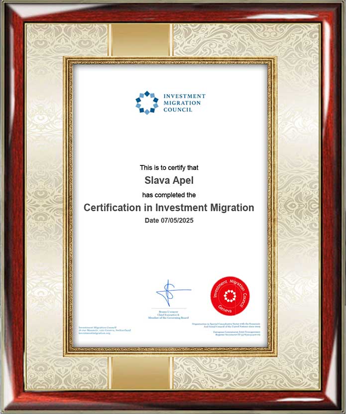 Slava Apel Achieves Certification in Investment Migration, Strengthening Global Credentials