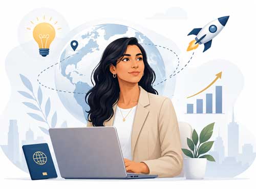 New entrepreneur applicant - image of woman in front of a laptop with lightbulbs rockets and passport around