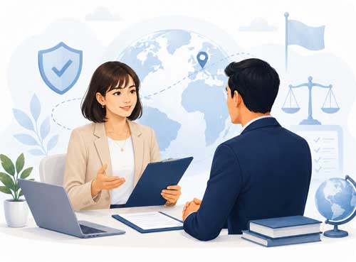 Immigration lawyer / RCIC / advisor - man and woman are sitting across from each other at a desk with documents and woman is holding a document while talking