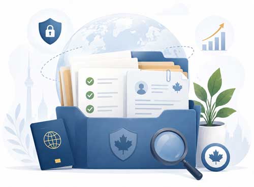 Existing SUV file / valid 2025 certificate - image showing documents, passport and magnifying glass